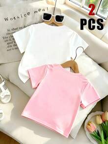 2pcs/Set Girls Blue & Pink Bow Pattern Printed All-Match Short Sleeve T-Shirts, Cute Cartoon Daily Comfortable Versatile - Multicolor - View 2