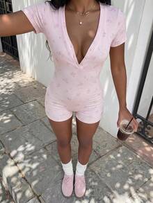 Flirla Summer Casual Cute Sexy Ditsy Floral Slim Fit Romper Lounge Pink Floral Everyday - Pink - View 1