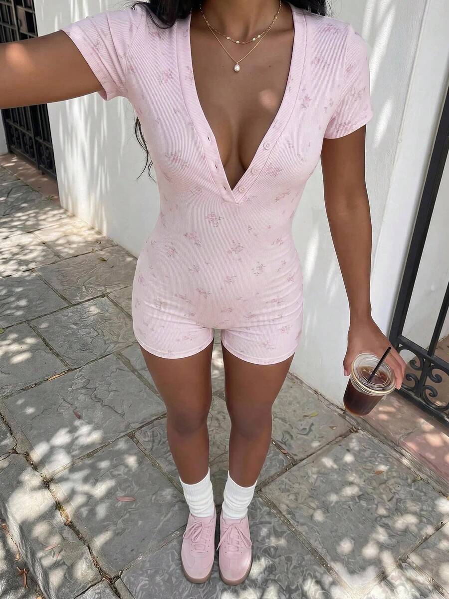 Flirla Summer Casual Cute Sexy Ditsy Floral Slim Fit Romper Lounge Pink Floral Everyday - Pink - View 1