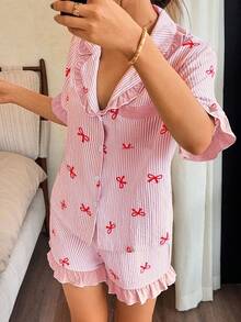 Napfluff Women's Blue Striped Bow Print Patchwork Contrast Color Ruffle Hem Lapel Short Sleeve Shorts Pajama Set - Pink - View 5
