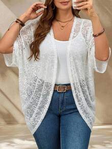 EMERY ROSE Cardigan de encaje de unicolor talla grande para uso casual en vacaciones - Blanco - Ver 5
