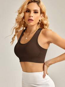 Nuvra Seamless Solid Color Casual Sports Bra Top - Coffee Brown - View 5