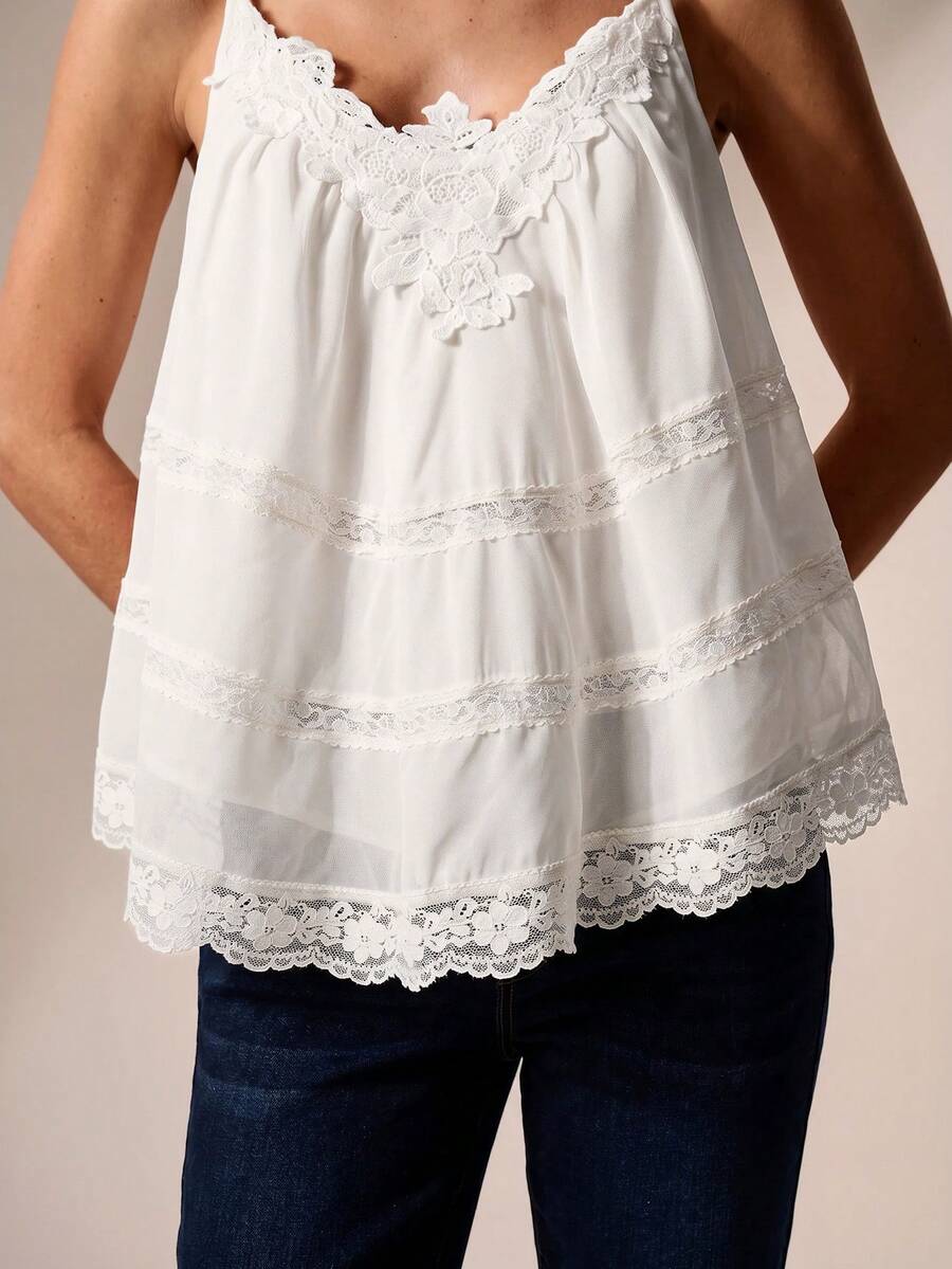 Willow Rêve Women's Beige Lace Loose Camisole Top, Romantic Vacation Style, Valentine's Day, Boho Style, Suitable For Dating, Picnic, Lace Top - White - View 1
