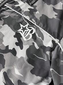 PAVTROS 男士迷彩字母印花襯衫與短褲套裝，短袖前拉鍊前衛風格，儀式穿著 - 深灰色 - 查看 4