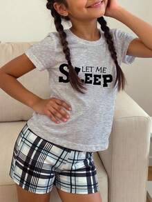 SHEIN Leap Crew 少女休闲简约灰色字母图案T恤和格子短裤睡衣套装，修身款，春夏款 - 彩色 - 查看 5