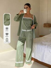 DAZY 3件組度假風紋理波點布料女款睡衣套裝 - 軍綠色 - 查看 5