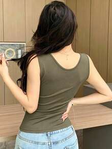 DAZY Women's Wide Strap Padded Tank Top, Versatile Base Layer For All Seasons - Army Green - View 2