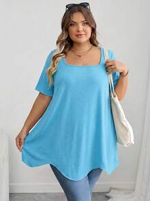 SHEIN CURVE+ Curve 大尺碼女裝/秋季女裝/冬季女裝/大尺碼方領不對稱下擺口袋短袖T恤黑色上衣 8XL 6XL 5XL 大尺碼女裝上衣，女性度假穿搭秋季冬季 CURVE PLUS - 藍色 - 查看 6