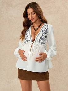 Boho Mama Camisa casual de maternidad con escote en V profundo, cordón, cintura elástica, manga larga, azul marino, para sesión de fotos, verano y otoño - Azul y blanco - Ver 7