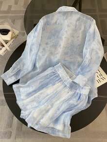 Resyla Setelan Kemeja Lengan Panjang Chiffon Longgar Model Bahu Jatuh untuk Wanita + Celana Pendek - Biru - View 3