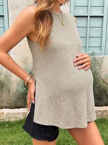 Lyckli Maternity Solid Color Round Neck Sleeveless Knit Textured Tank Top With Side Slit Hem - Grey - View 4