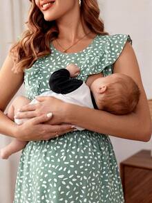 SHEIN Vacation Casual Printed Drawstring Waist Cap Sleeve Maternity Short Dress - Green - View 9