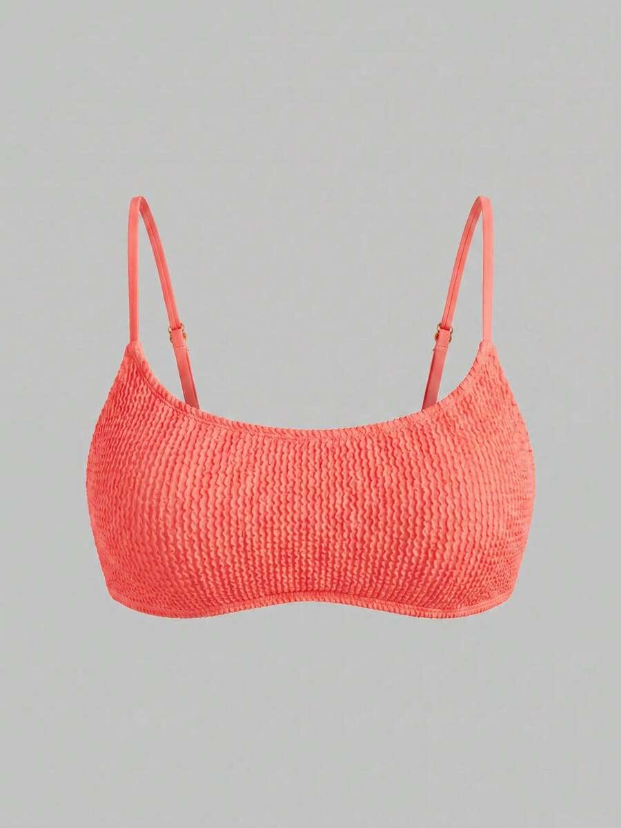 Sweetra CURVE Plus Size Women Textured Spaghetti Strap Beach Bikini Top Vacation Summer - Orange - View 1
