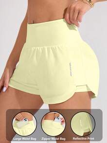 SHEIN Sovereign Charm 女款腰部口袋設計運動短褲 - Butter Yellow - 查看 3