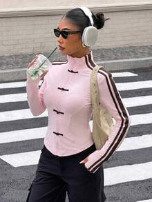 Muchica Women's Spring/Summer New Knit Sporty Style Ribbon & Frog Button Design Sun Protection Thin Jacket - Baby Pink - View 6