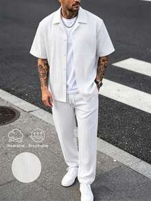 Manfinity CasualCool 男士休閒純色紋理短袖襯衫搭配抽繩腰寬鬆直筒長褲兩件套，適合戶外活動、旅行探險、輕鬆工作環境或半正式場合，送給男友/丈夫的禮物 - 白色 - 查看 3
