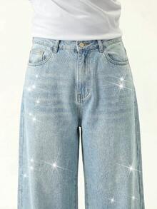 Teen Boy Fashion Shining Sequined Vintage Blue Loose-Fitting Jeans For Rave Outfits Festival - Blue - View 6