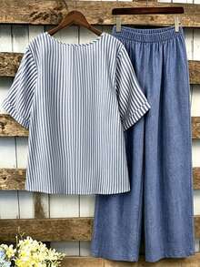 Linhara Plus Size Women's Round Neck Navy Blue Light Blue Striped Short Sleeve Shirt And Solid Color Comfortable Casual Long Pants Set Summer Vacation Brunch - Blue - View 2