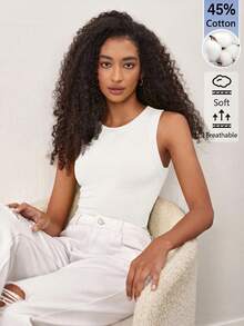 SHEIN BASICS 女款時尚百搭純色圓領細肩帶背心上衣，黑色女款上衣 - 白色 - 查看 9