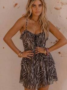 Aralina Summer Winter Ruffle Animal Print Sexy Pink Mesh Mini Dress - Green - View 6