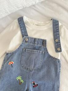 Cozy Pixies Overol de mezclilla con estampado de palmeras para bebé niño, cómodo y versátil - Azul - Ver 4