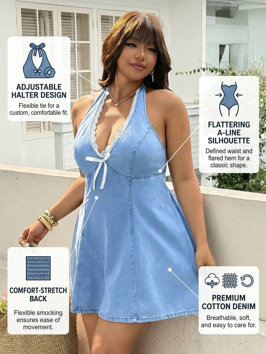 GalTyme 大尺碼女款對比蕾絲蝴蝶結裝飾掛脖牛仔洋裝,夏季節慶服裝、通勤度假畢業穿搭,時髦Y2K可愛街頭風Coquette風格,派對婚禮優雅商務休閒女裝,海灘畢業出遊生日穿搭 - 藍色 - 查看 1