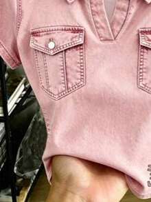 SHEIN 女童粉色牛仔效果印花全身波羅衫，休閒百搭上衣，適合外出與街頭穿搭，春、夏、秋季 - 彩色 - 查看 4