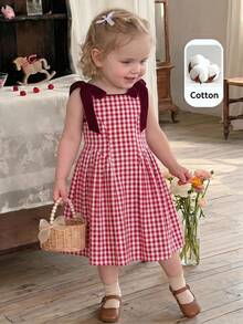 SHEIN LMoss Kids 女婴格子圆领蝴蝶结装饰休闲吊带裙 - 彩色 - 查看 1