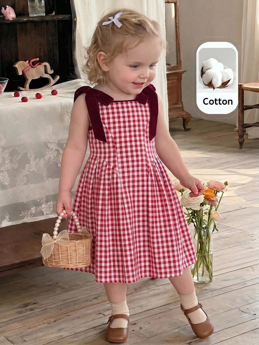 SHEIN LMoss Kids 女婴格子圆领蝴蝶结装饰休闲吊带裙 - 彩色 - 查看 1