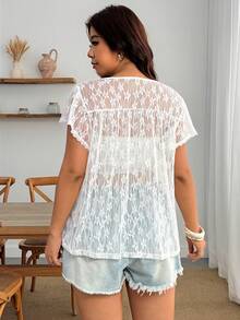 Enliva Plus Size Women White Lace Sheer Top Short Sleeve Loose Babydoll Blouse Boho Elegant Summer Casual Beach Evening Birthday Cocktail Shirt - White - View 2