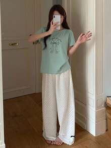 DAZY Women's 2-Piece Summer Pajama Set, Loose Short Sleeve T-Shirt With Bow Pattern And Polka Dot Straight Leg Long Pants - Green - View 5