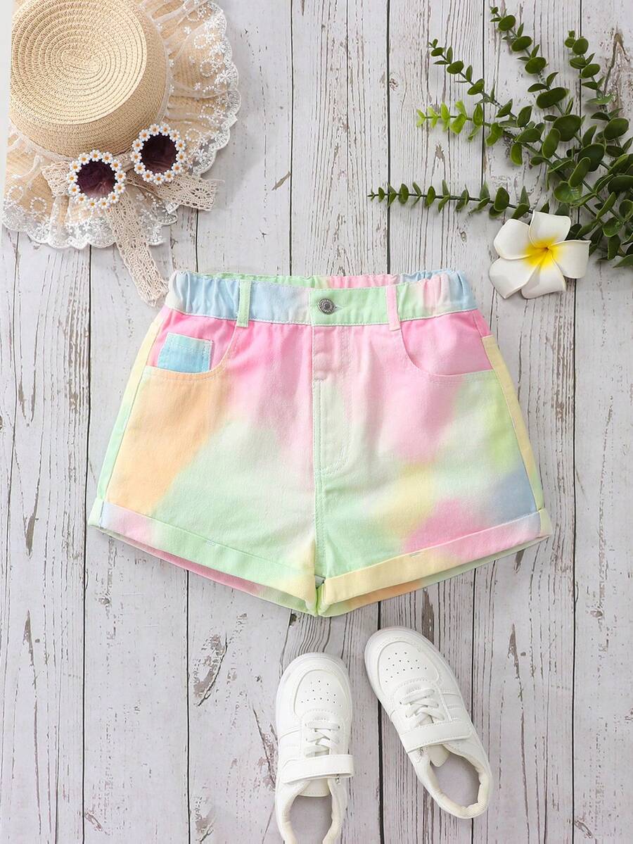 SHEIN 青少年女孩紮染牛仔短褲 夏季新品 休閒可愛風 彩色毛邊紙袋腰彈力短褲 - 粉色 - 查看 1