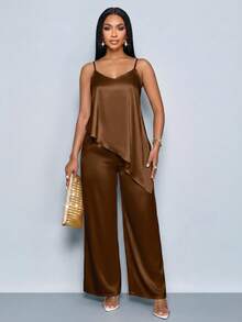 SOLERSUN 2pcs/Set Women's Summer Fashion Casual Elegant Coffee Brown Satin Asymmetrical Camisole Top And Wide Leg Pants Set Adjustable Strap Cami Top Sexy - Coffee Brown - View 7