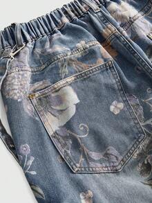 ROMWE Grunge Punk Plus Size Floral Print Denim Shorts - Blue - View 4