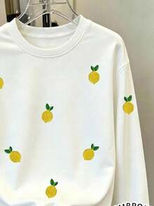 SHEIN LUNE 休閒簡約刺繡檸檬印花圓領長袖寬鬆女款運動衫 - 白色 - 查看 2