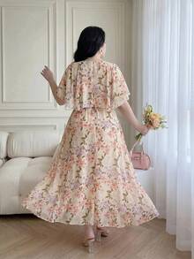 Vibekara Plus Size Women's V-Neck Cape Design Floral Print Chiffon Dress With Ruched And Flared Hem, French Romantic Style Purple Floral Chiffon V-Neck Dress, Women's Summer Cardigan Sleeve Waist-Cinching Design, Elegant Long Dress, Date Outfit, Suitable For Casual Outings, Urban Commuting, Dates, Gatherings, Birthdays, Parties, Banquets, Evening Events, Tea Parties, Vacations, Holidays, And Work And Commuting Occasions - Multicolor - View 7