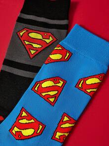 SUPERMAN X SHEIN 2雙裝男士菱形字母圖案中筒襪 - 混色 - 查看 3