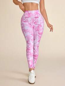 SHEIN Sovereign Charm Legging Esportiva de Cintura Alta com Estampa Digital de Leopardo em Degradê Rosa e Bolso para Celular para Exercícios ao Ar Livre, Outono/Inverno - Rosa chiclete - Visão 6