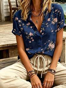 Breezaya Women's New Summer Floral Print Collared Short Sleeve Shirt, Retro Chic, French Elegant Versatile - Multicolor - View 6