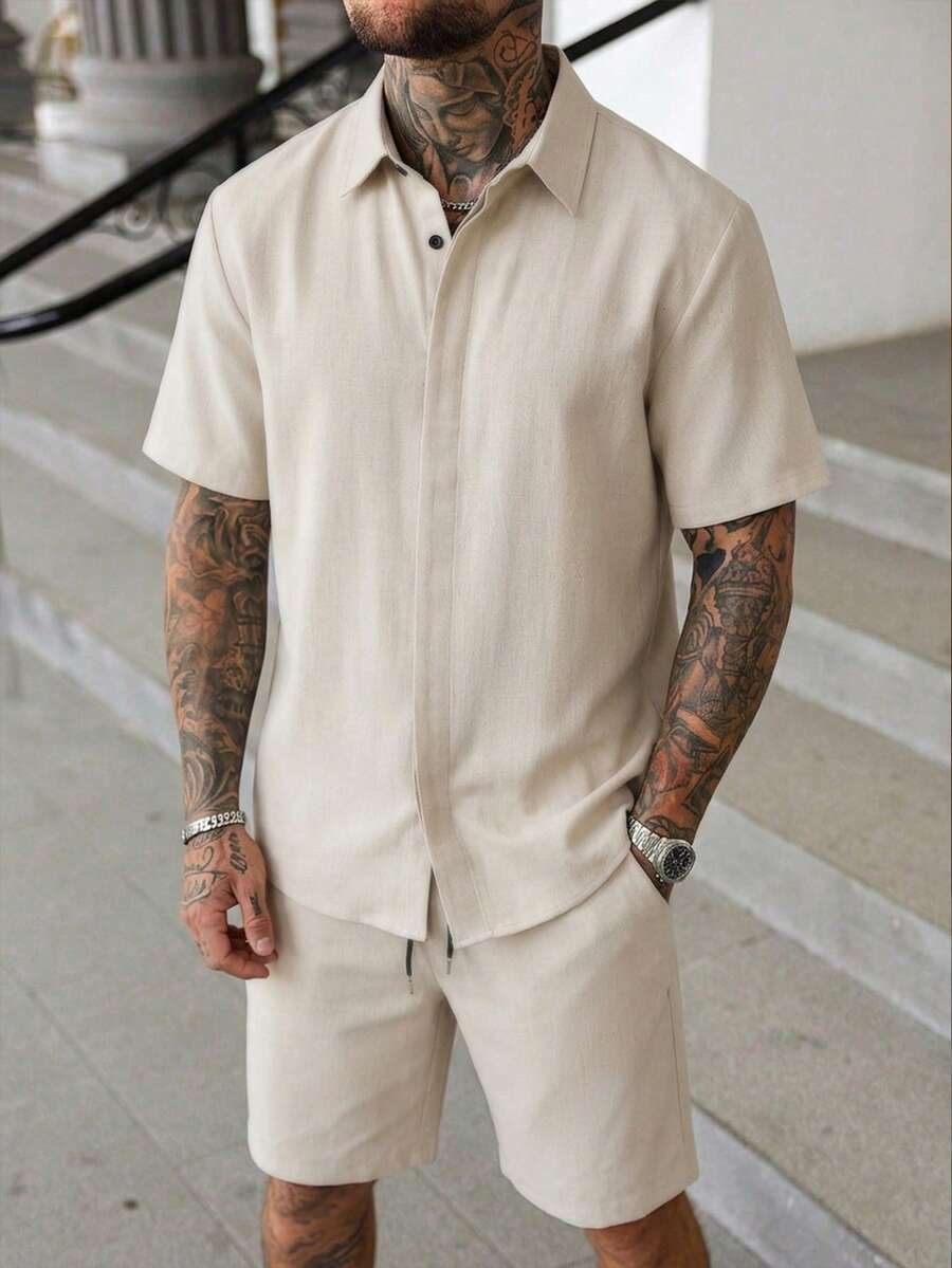 Manfinity Homme 男士短袖雙排扣襯衫與短褲套裝，夏季極簡風格，適合男士日常休閒、週末出遊、戶外活動、輕鬆工作環境