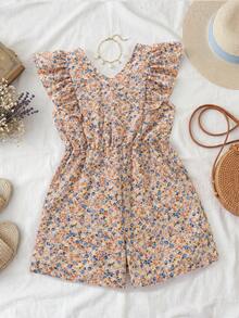 女童春夏生日/派對/野餐白色花卉印花少女風 Era & SummerOutfit 風格連身褲 - 粉色 - 查看 3