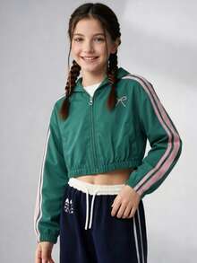 SHEIN Chaqueta con capucha a rayas y bloques de color para niña preadolescente, vuelta al colegio - Verde - Ver 3