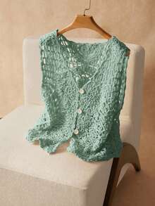 Elaquor Plus Size Solid Color Hollow Knit Vest For Vacation Casual Wear - Green - View 1