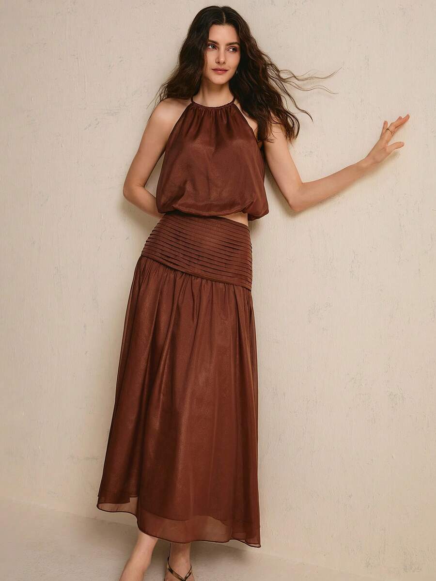 CielaLinda Women's Chiffon Halter Camisole And Skirt Two Pieces Set - Brown - View 1