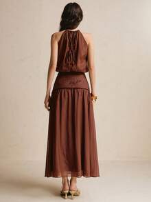 CielaLinda Women's Chiffon Halter Camisole And Skirt Two Pieces Set - Brown - View 2
