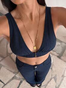 StreetHx Women's Spring/Autumn 2000s Style Y2K Casual Streetwear Black Striped Tank Top 2 Pieces Set - Navy Blue - View 5