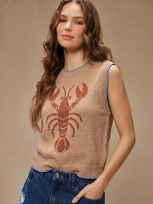 WESTFADE Round Neck Multi Stitch Summer Lobster Intarsia Sweater Tank Top Spring Break Vacation, Country Style For Women, Fall - Maroon - View 5