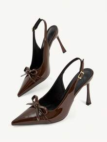 CUCCOO CHICEST Maillard Style Brown Bow Pointed Back Strap High Heels, Patent Leather Thin Heel Buckle Sandals, Workplace Dating Versatile Models Fall Shoes - Brown - View 4
