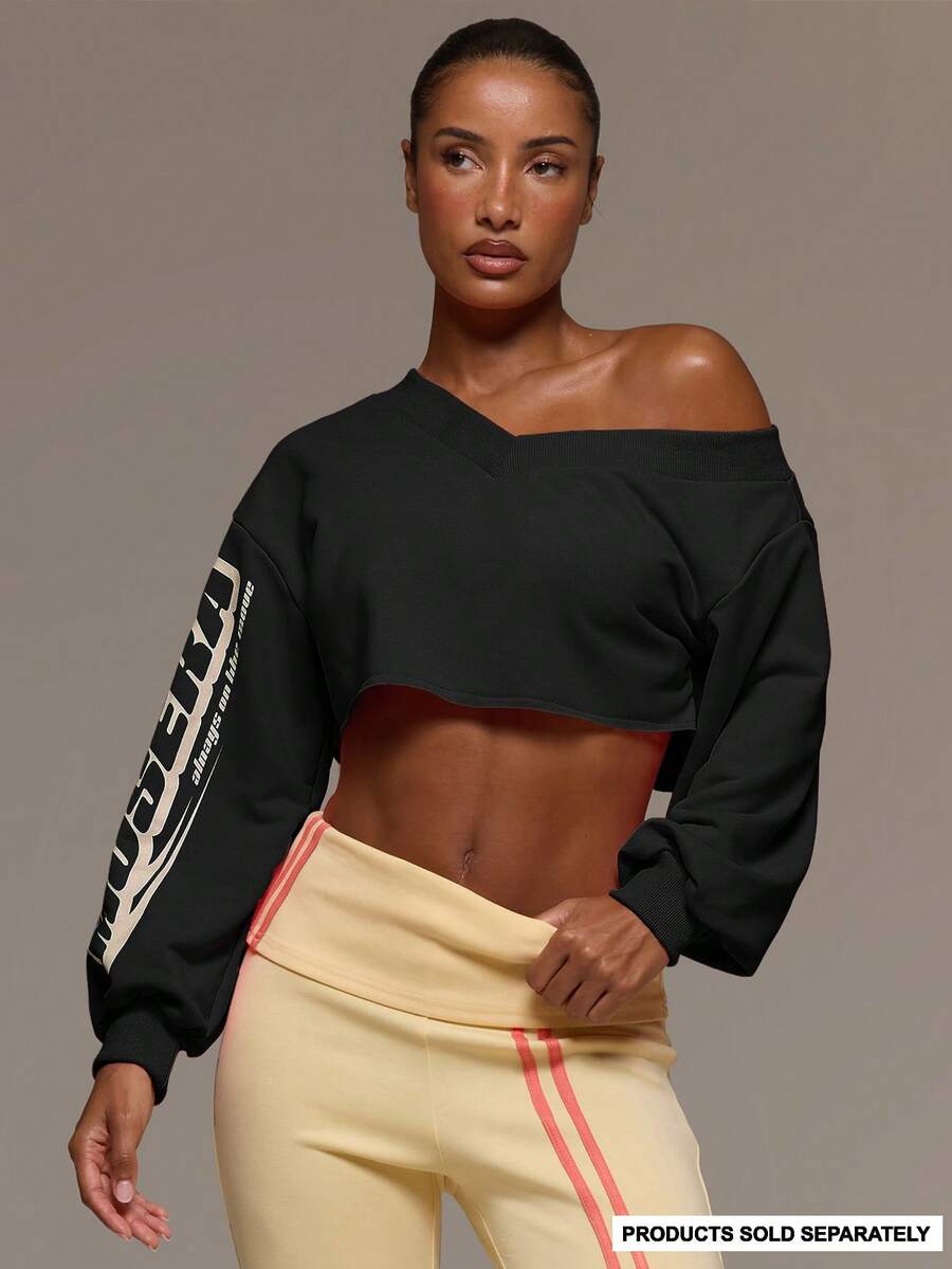 MUSERA V Neck Slouchy Off The Shoulder Printed Graphic Cuffed Balloon Sleeve Cropped Sweatshirt Cute Everyday Daily Lounge Airport Holidays Summer Altitude - Black - View 1