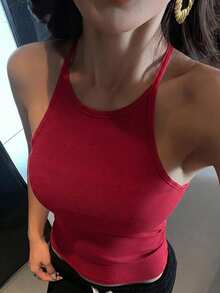 DAZY Women's Red Knitted Sleeveless Camisole Tank Top With Built-In Pads, Fitted Short Length Inner Layer - Hot Pink - View 3